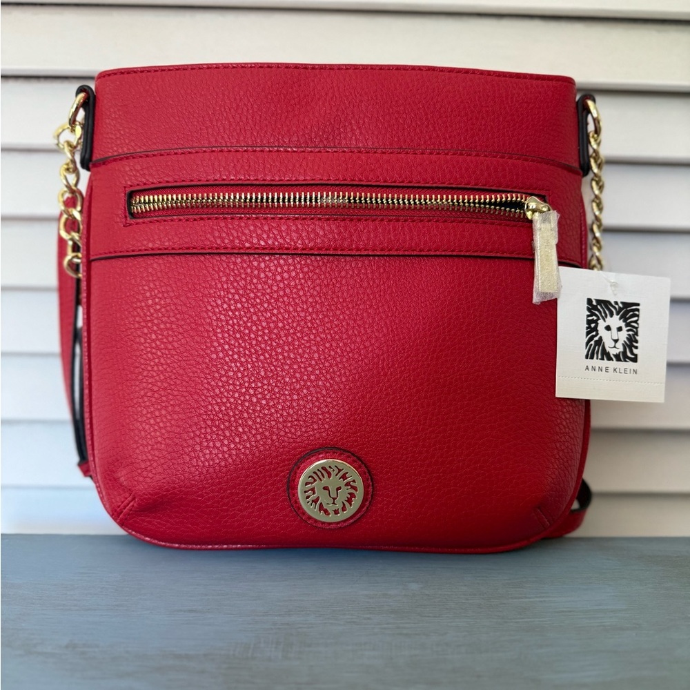 Anne Klein Red Crossbody Bag with Gold Accents and Pebbled Texture NEW WITH TAGS